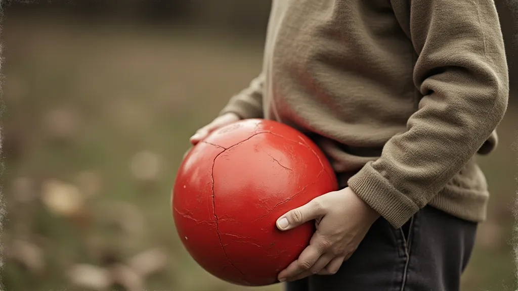 Boy with a red ball in a hand-tinted photograph
